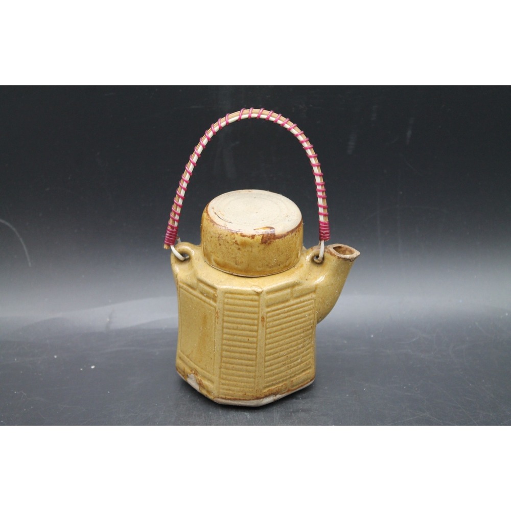 Handmade Studio Pottery Stoneware Teapot Octagonal Basket Handle Mustard Glaze